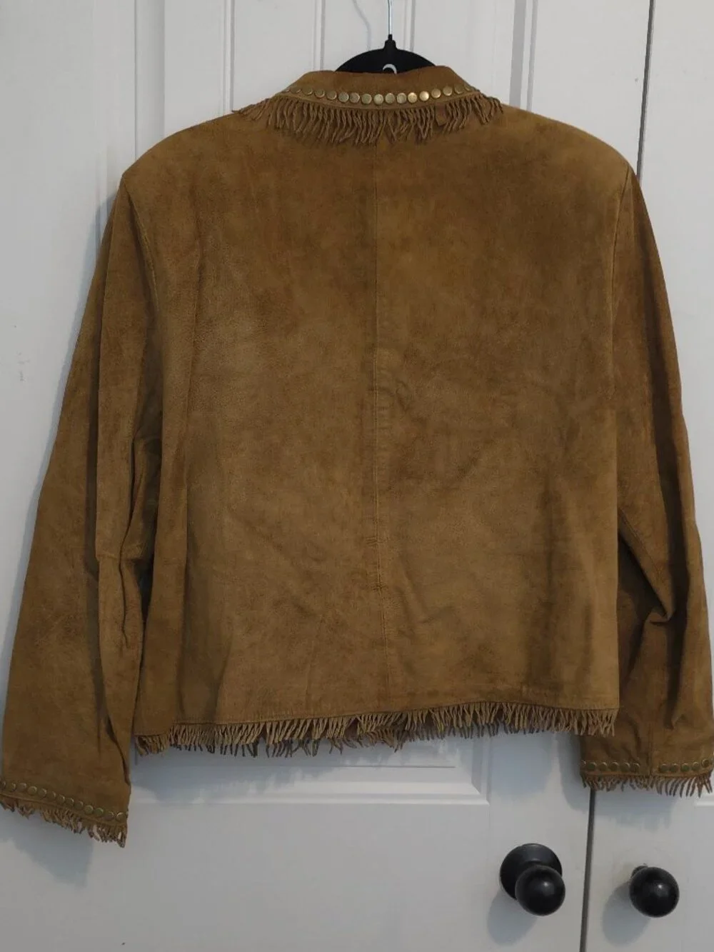 Double D Ranch Tan Brown Fringe & Studded Suede Leather Jacket - Woman's Size L - Picture 5 of 12